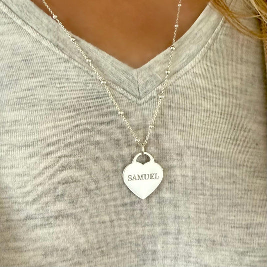 engraved large heart necklace, name necklace, sterling silver, satellite chain, birthday gift, personalised gift, keepsake, word charm,SNE17