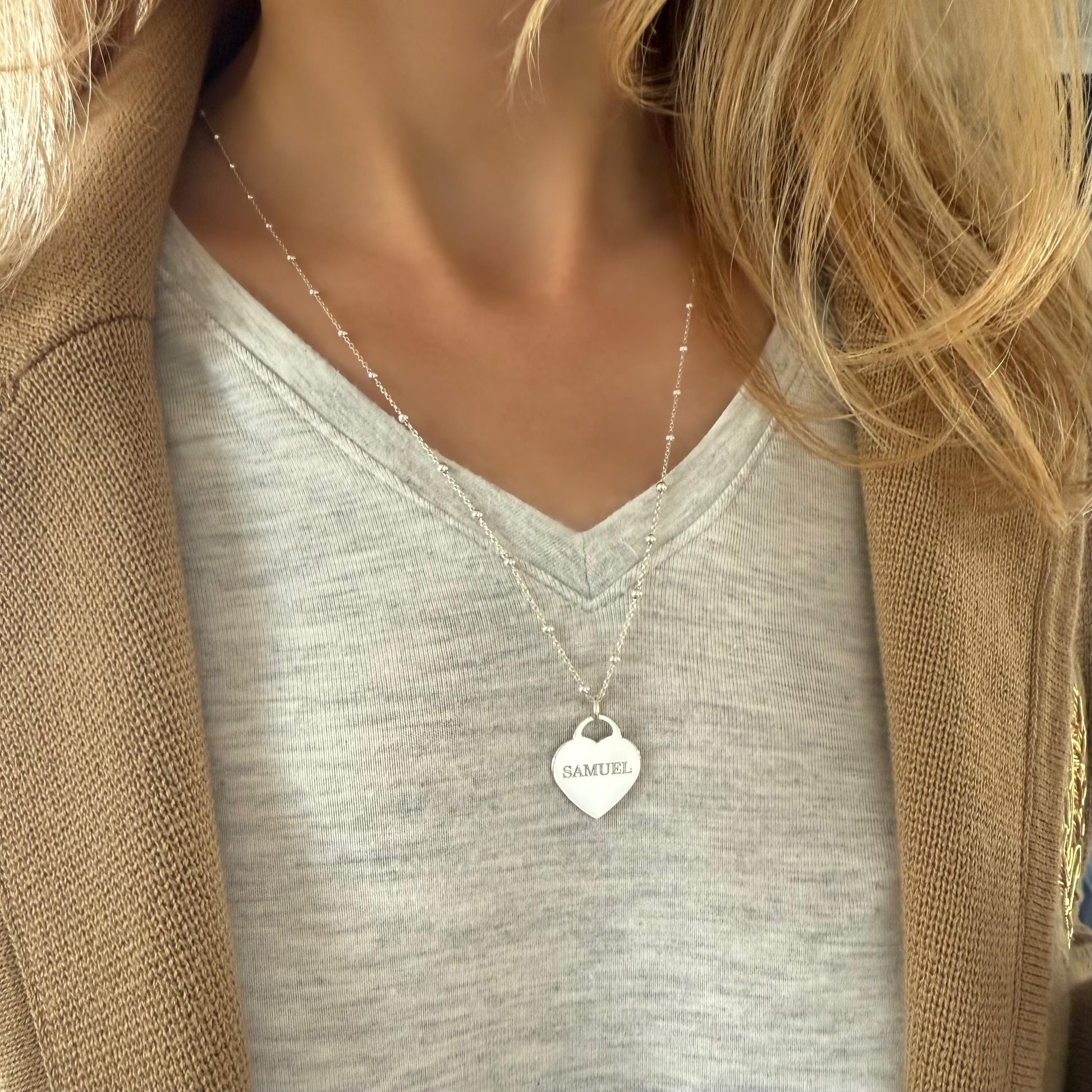 engraved large heart necklace, name necklace, sterling silver, satellite chain, birthday gift, personalised gift, keepsake, word charm,SNE17