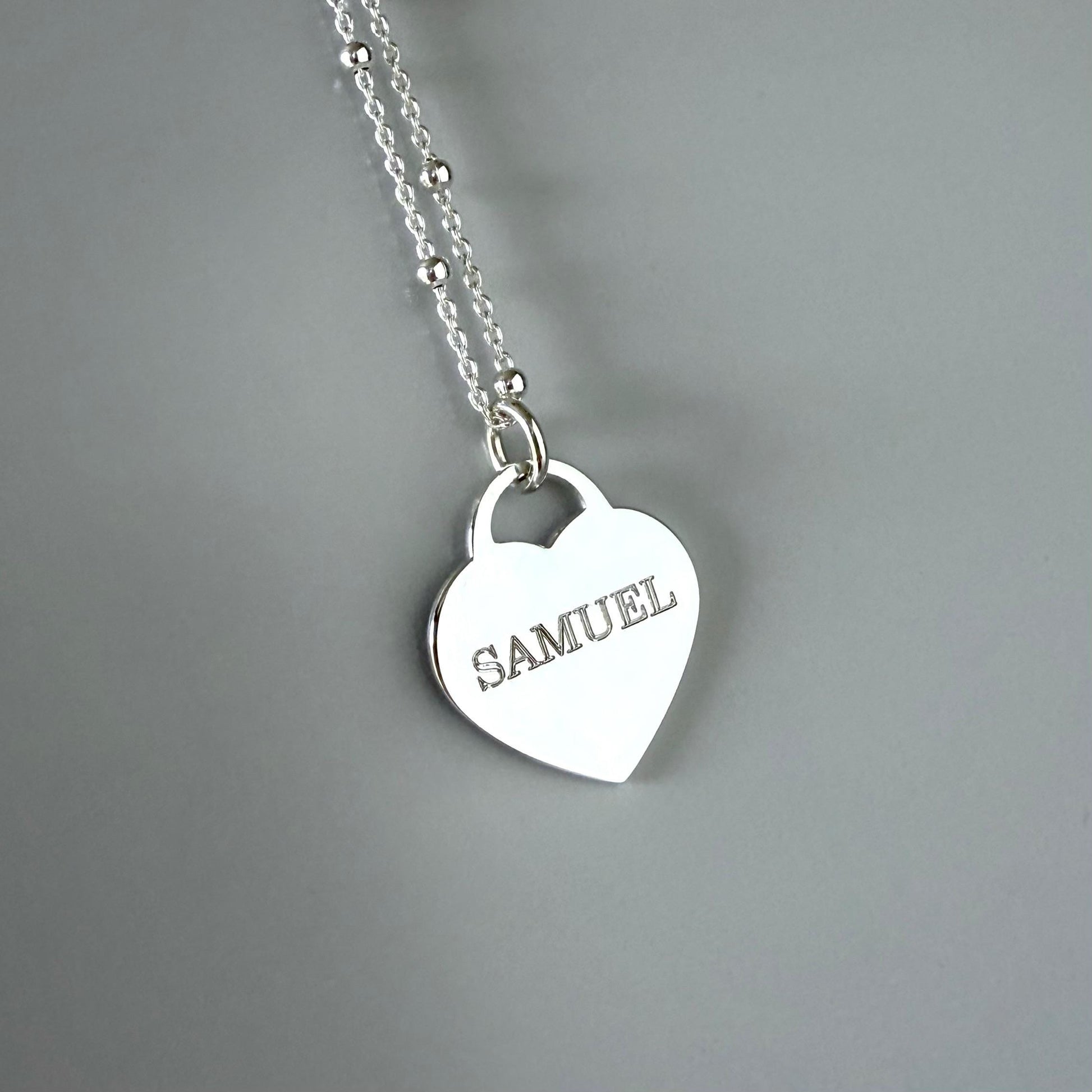 engraved large heart necklace, name necklace, sterling silver, satellite chain, birthday gift, personalised gift, keepsake, word charm,SNE17
