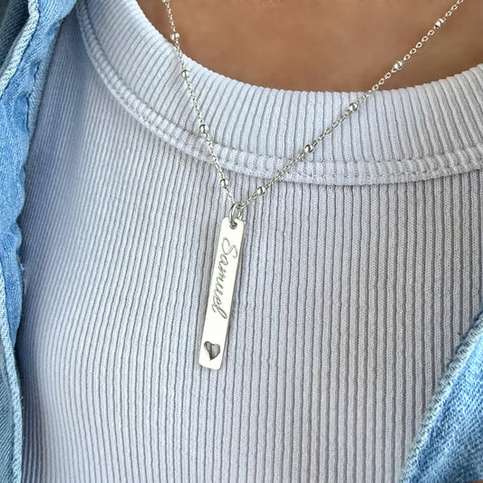 engraved rectangular bar necklace, sterling silver, name necklace, birthday gift, personalised gift, keepsake, word charm, SNE19