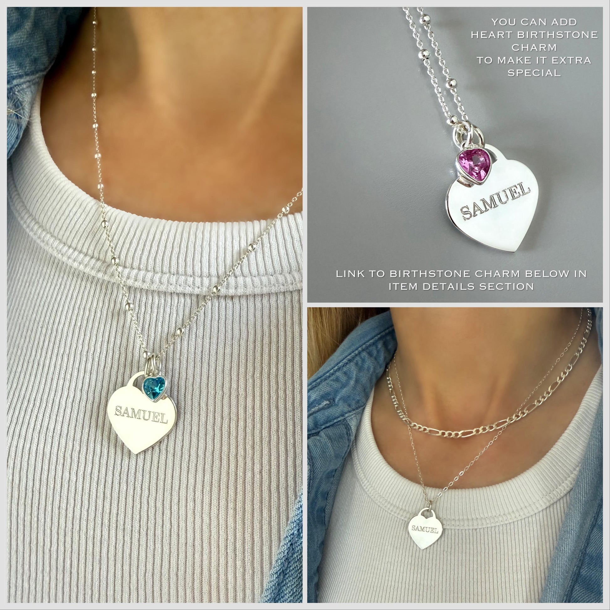 engraved large heart necklace, name necklace, sterling silver, satellite chain, birthday gift, personalised gift, keepsake, word charm,SNE17