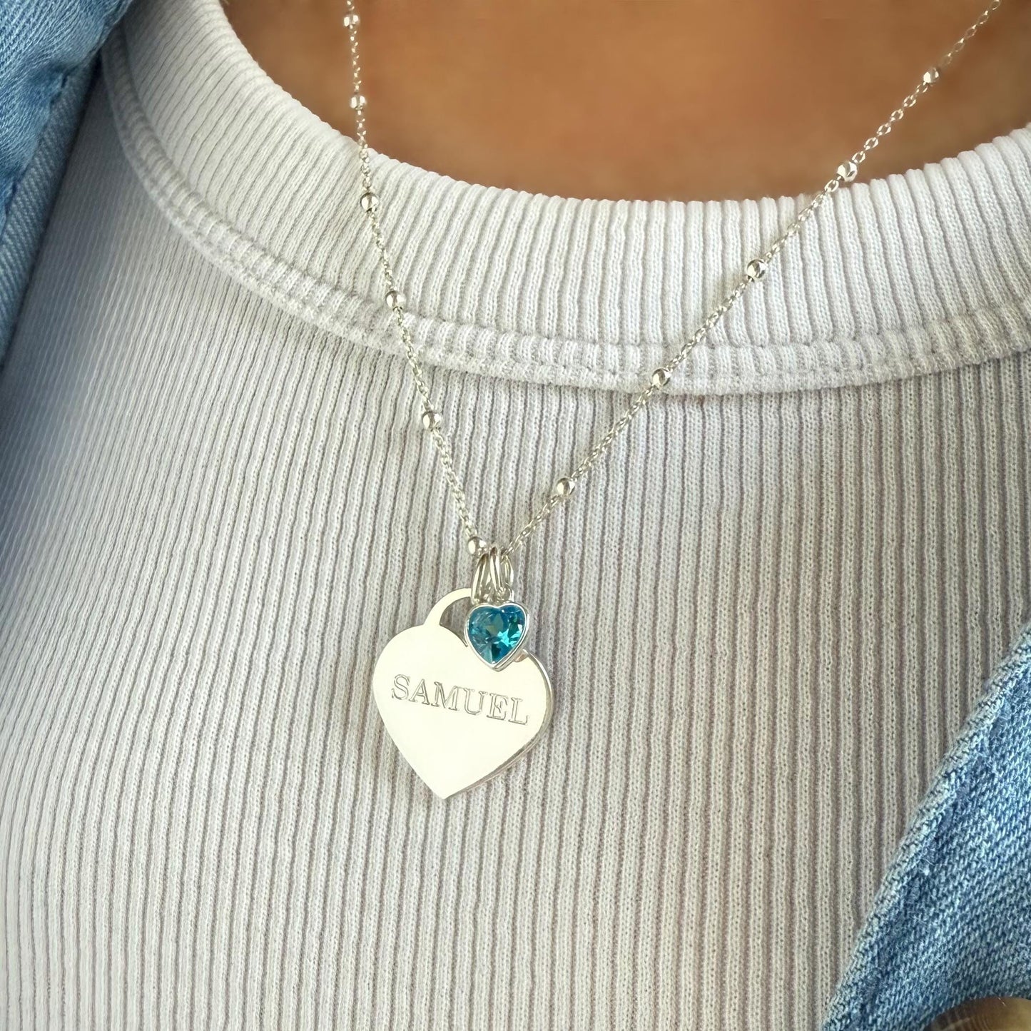 engraved large heart necklace, birthstone, name necklace, sterling silver, satellite chain, birthday gift, personalised gift, keepsake,SNE18