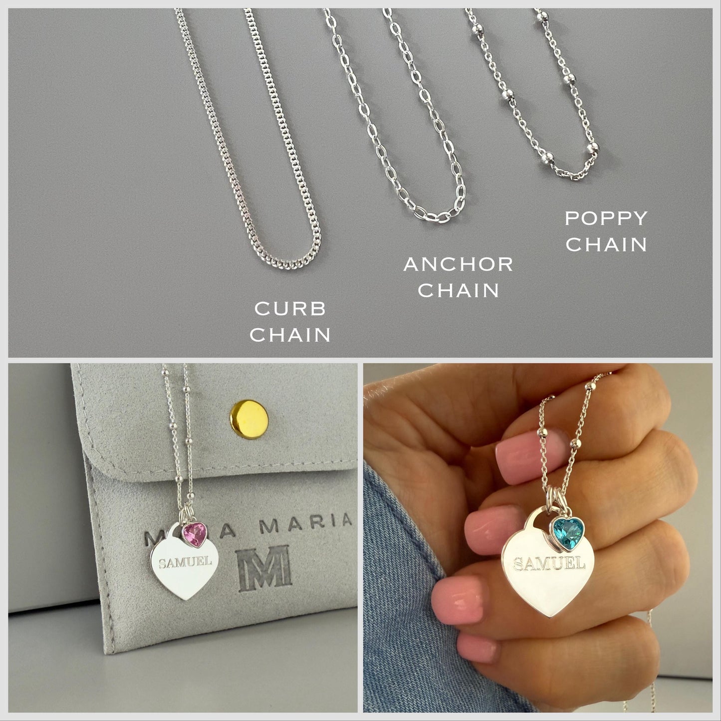 engraved large heart necklace, birthstone, name necklace, sterling silver, satellite chain, birthday gift, personalised gift, keepsake,SNE18