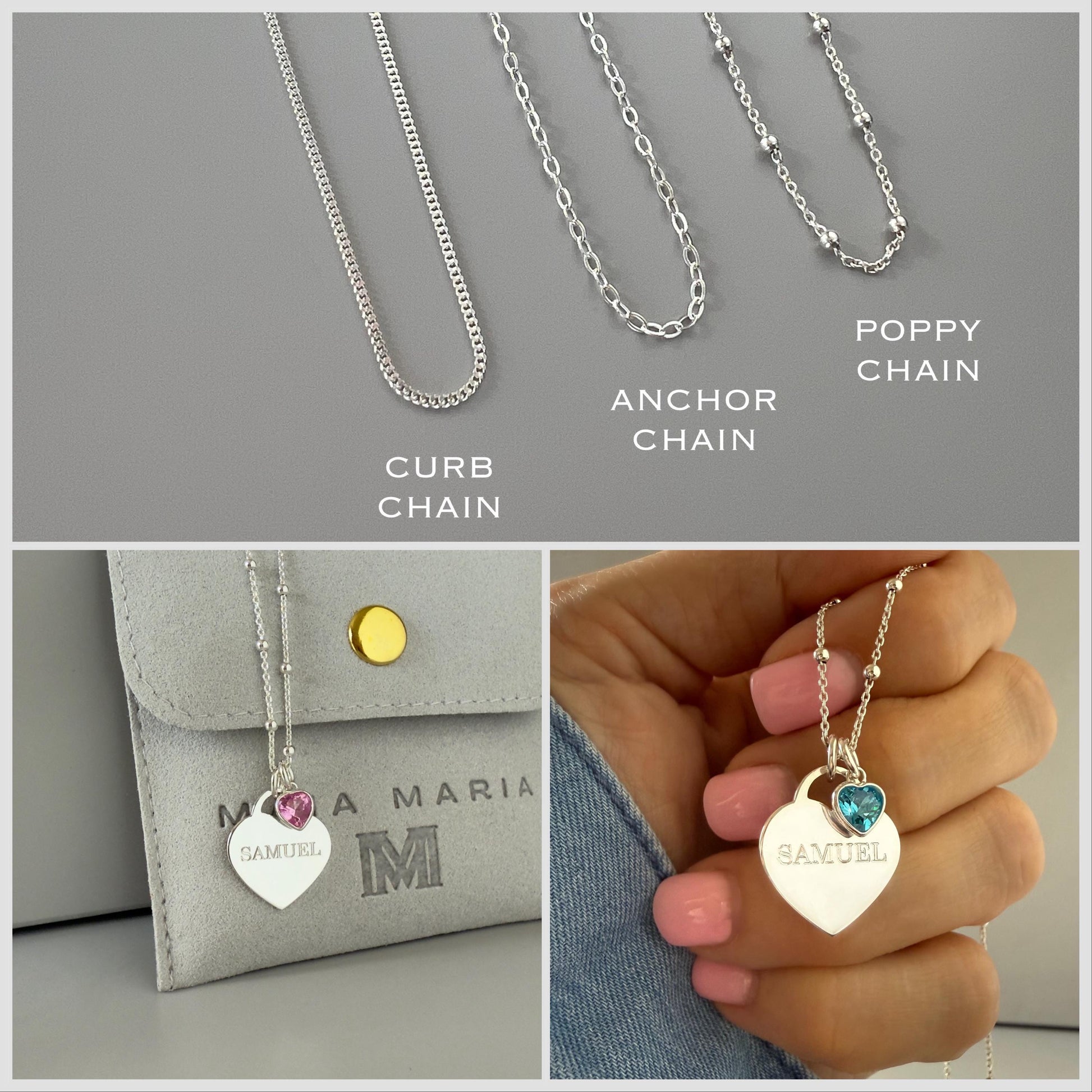 engraved large heart necklace, birthstone, name necklace, sterling silver, satellite chain, birthday gift, personalised gift, keepsake,SNE18