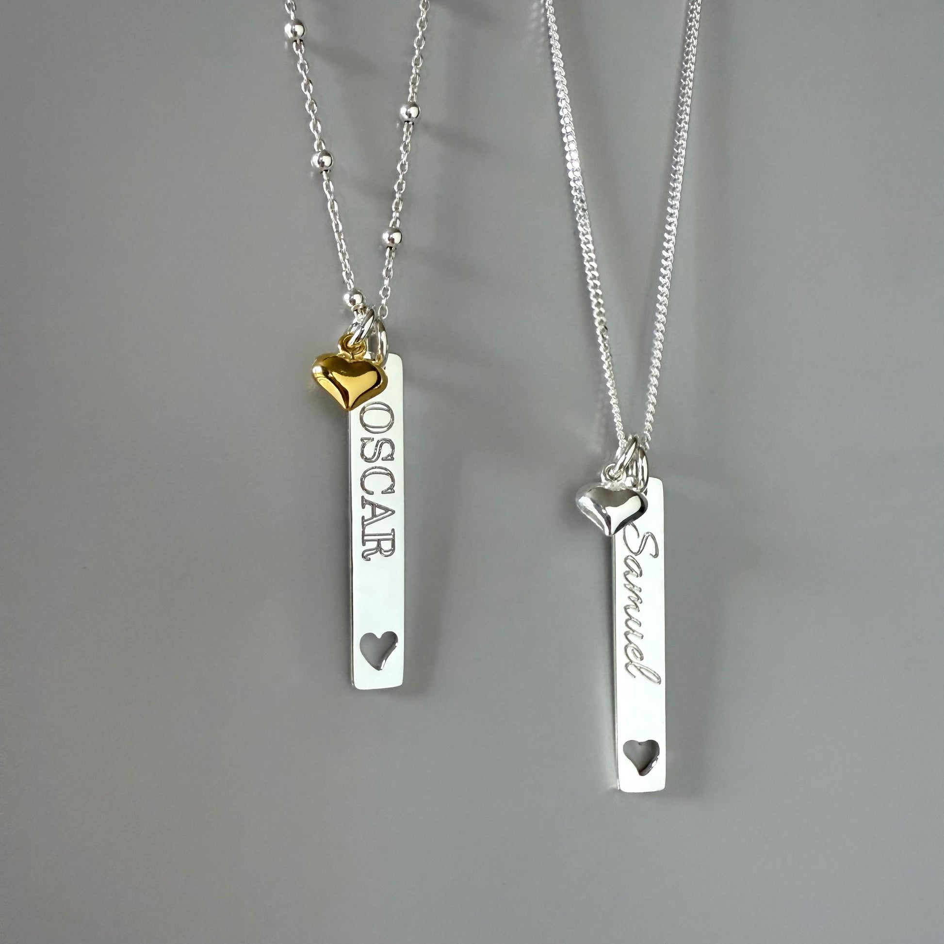 engraved bar necklace, heart charm, sterling silver, name necklace, satellite chain, birthday gift, personalised gift, keepsake,SNE21