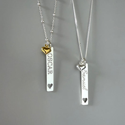 engraved bar necklace, heart charm, sterling silver, name necklace, satellite chain, birthday gift, personalised gift, keepsake,SNE21