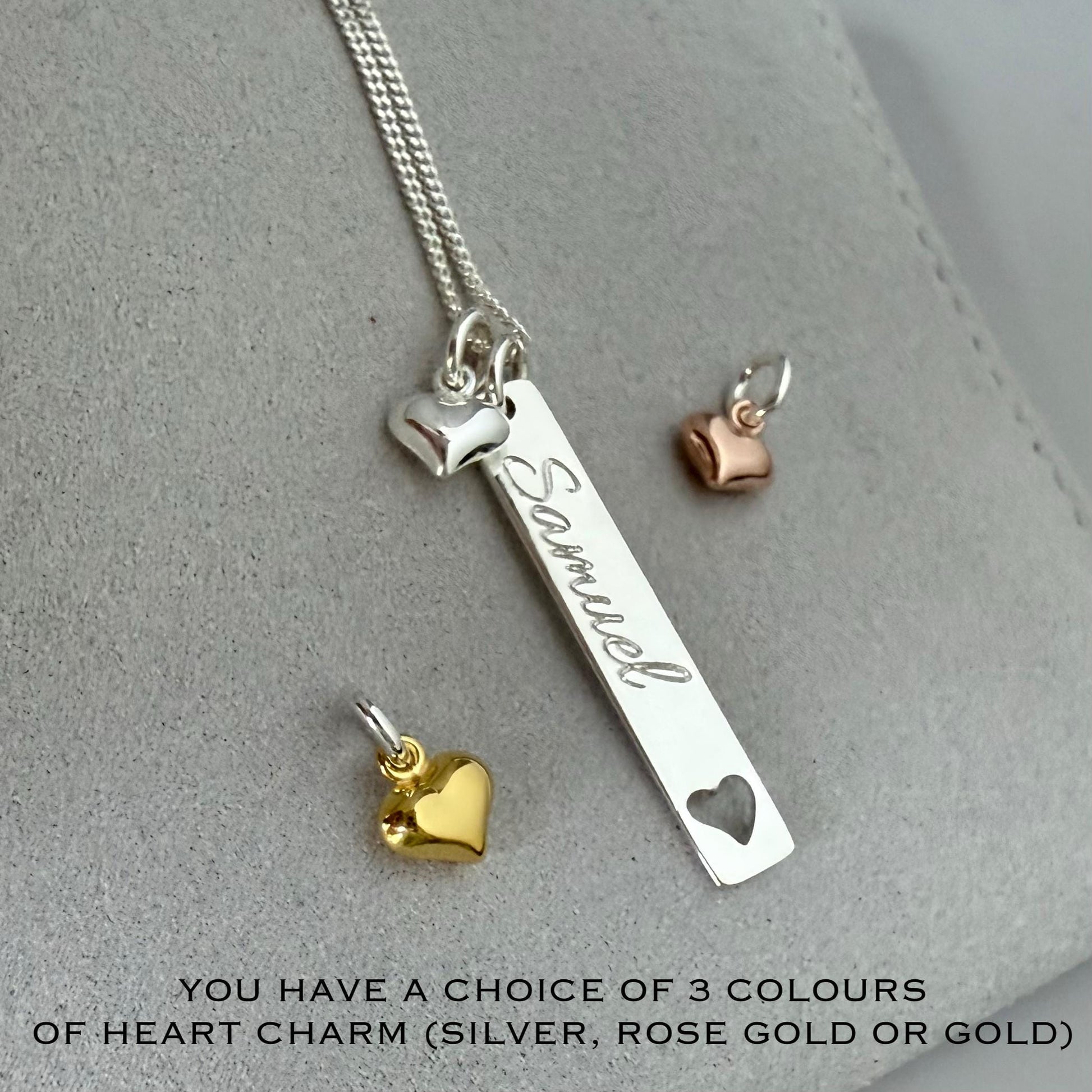 engraved bar necklace, heart charm, sterling silver, name necklace, satellite chain, birthday gift, personalised gift, keepsake,SNE21