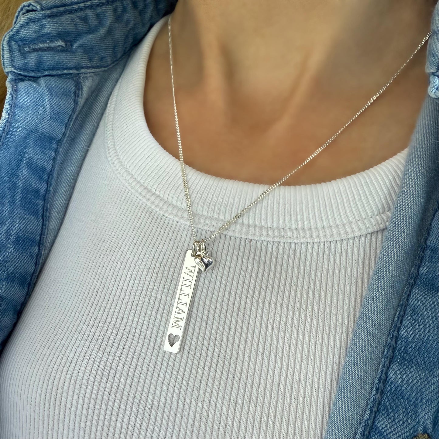 engraved bar necklace, heart charm, sterling silver, name necklace, satellite chain, birthday gift, personalised gift, keepsake,SNE21