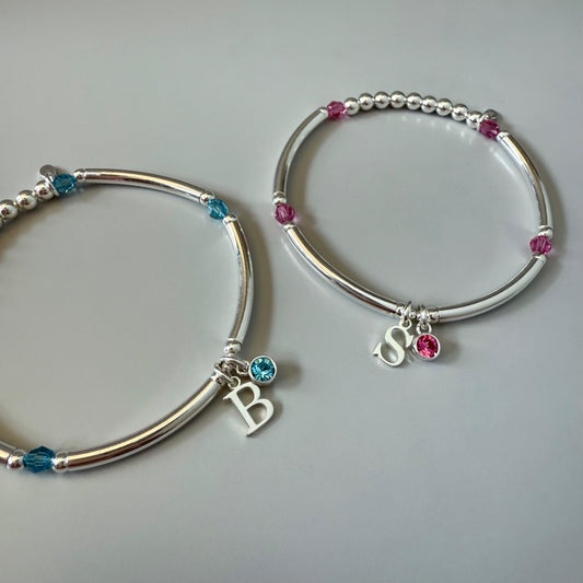birthstone bracelet, initial, sterling silver, beaded, stretchy, bangle, personalised jewellery ,birthday gift, stackable bracelet, SBB02