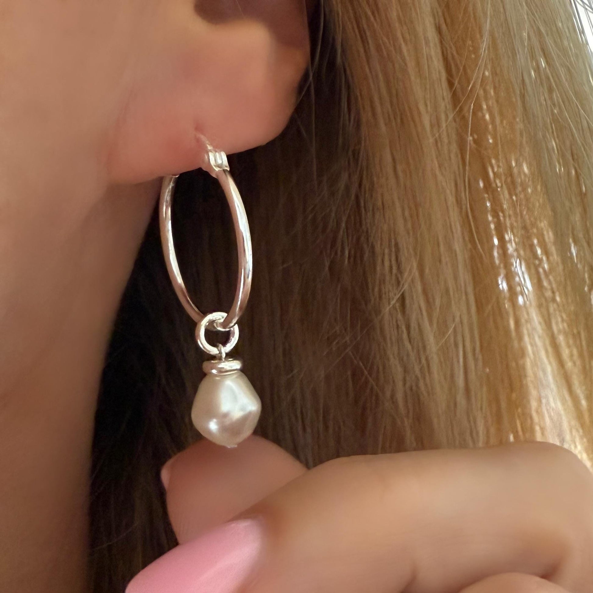 Sterling Silver Pearl Hoop Earrings: Dangle Bridal Jewelry