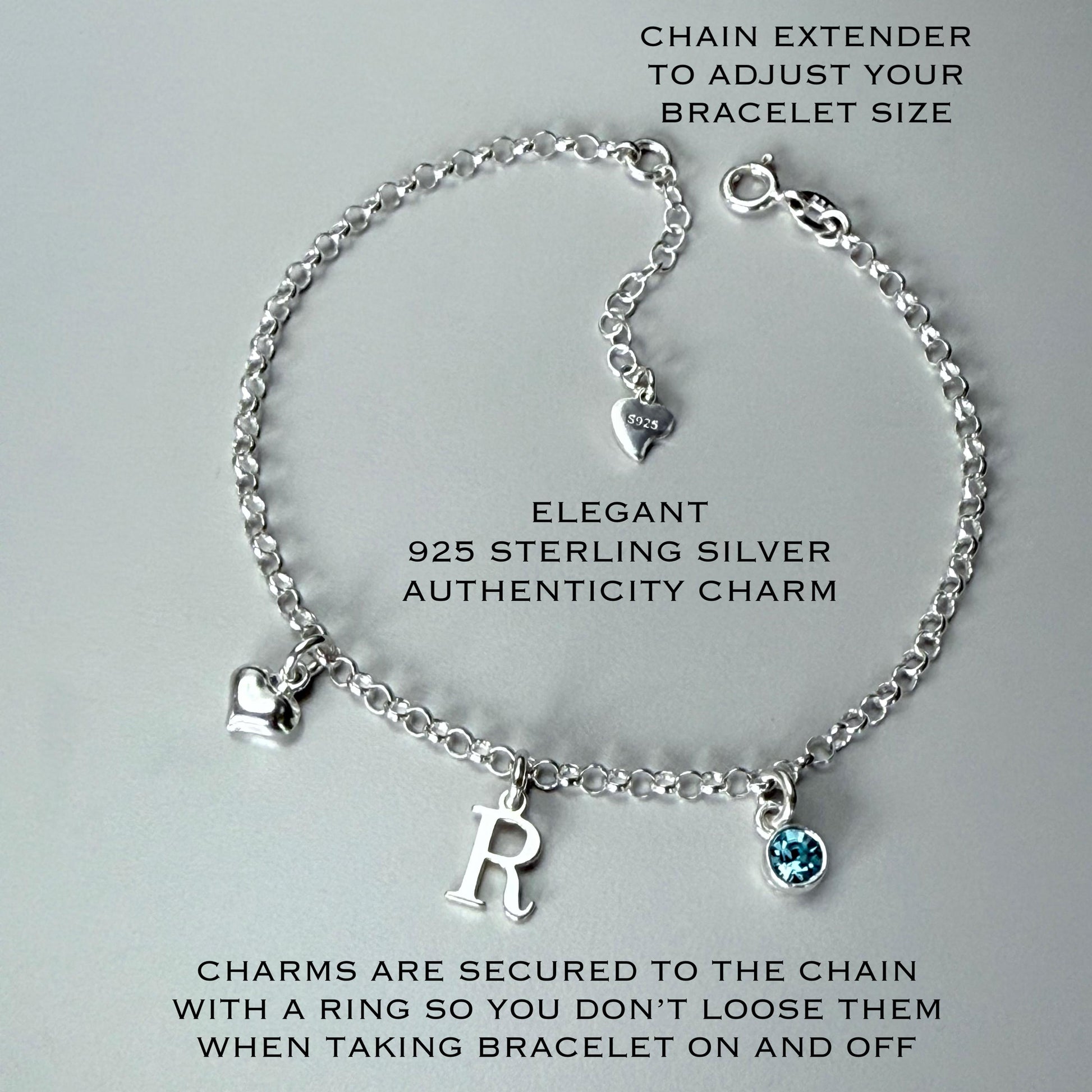Personalized Sterling Silver Initial & Birthstone Bracelet - Heart Charm