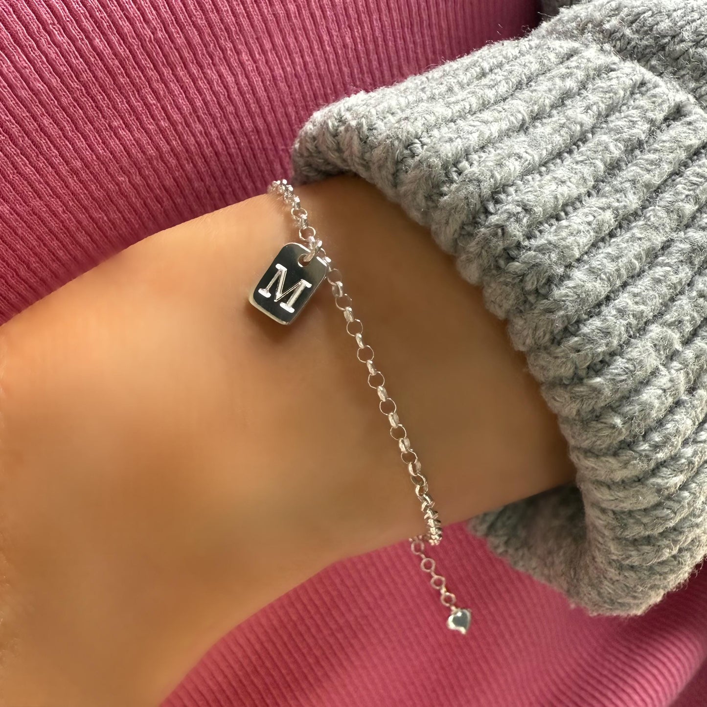 Personalized Sterling Silver Initial Bracelet: Engraved Tag Charm, Dainty Monogram