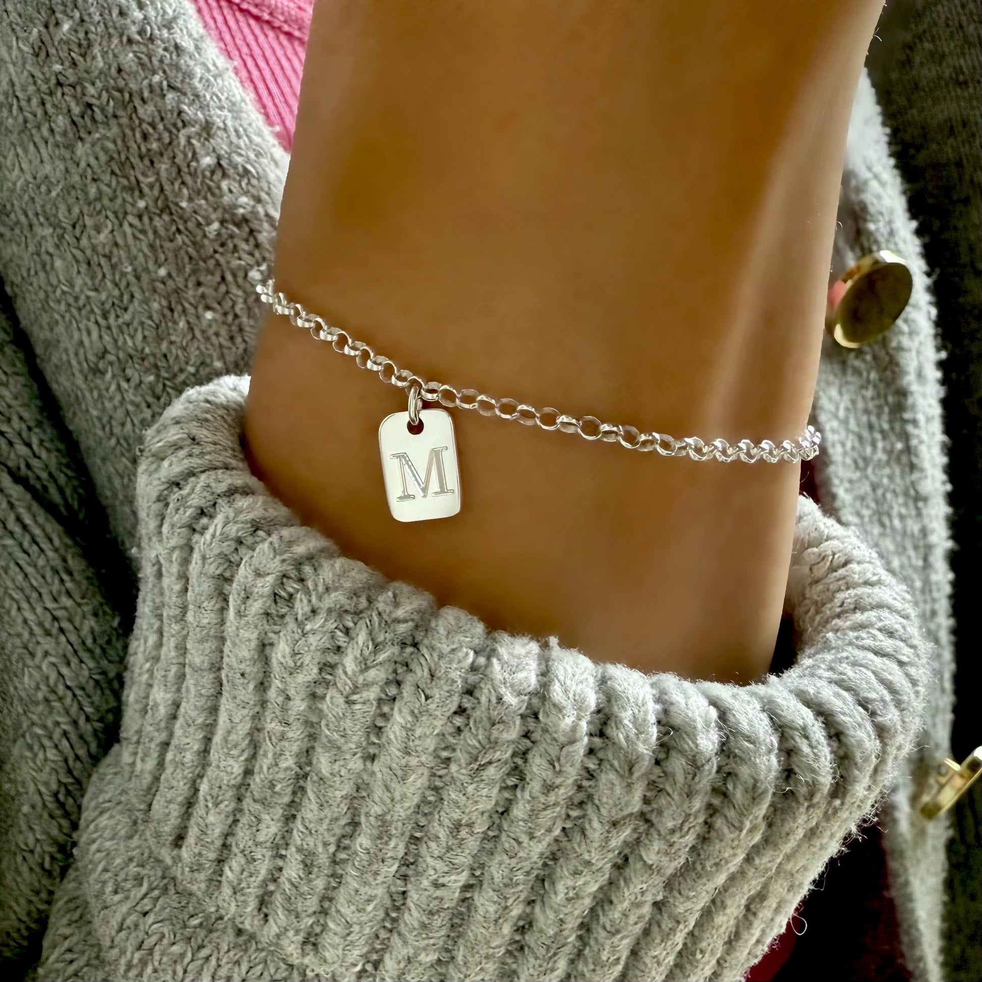 Personalized Sterling Silver Initial Bracelet: Engraved Tag Charm, Dainty Monogram