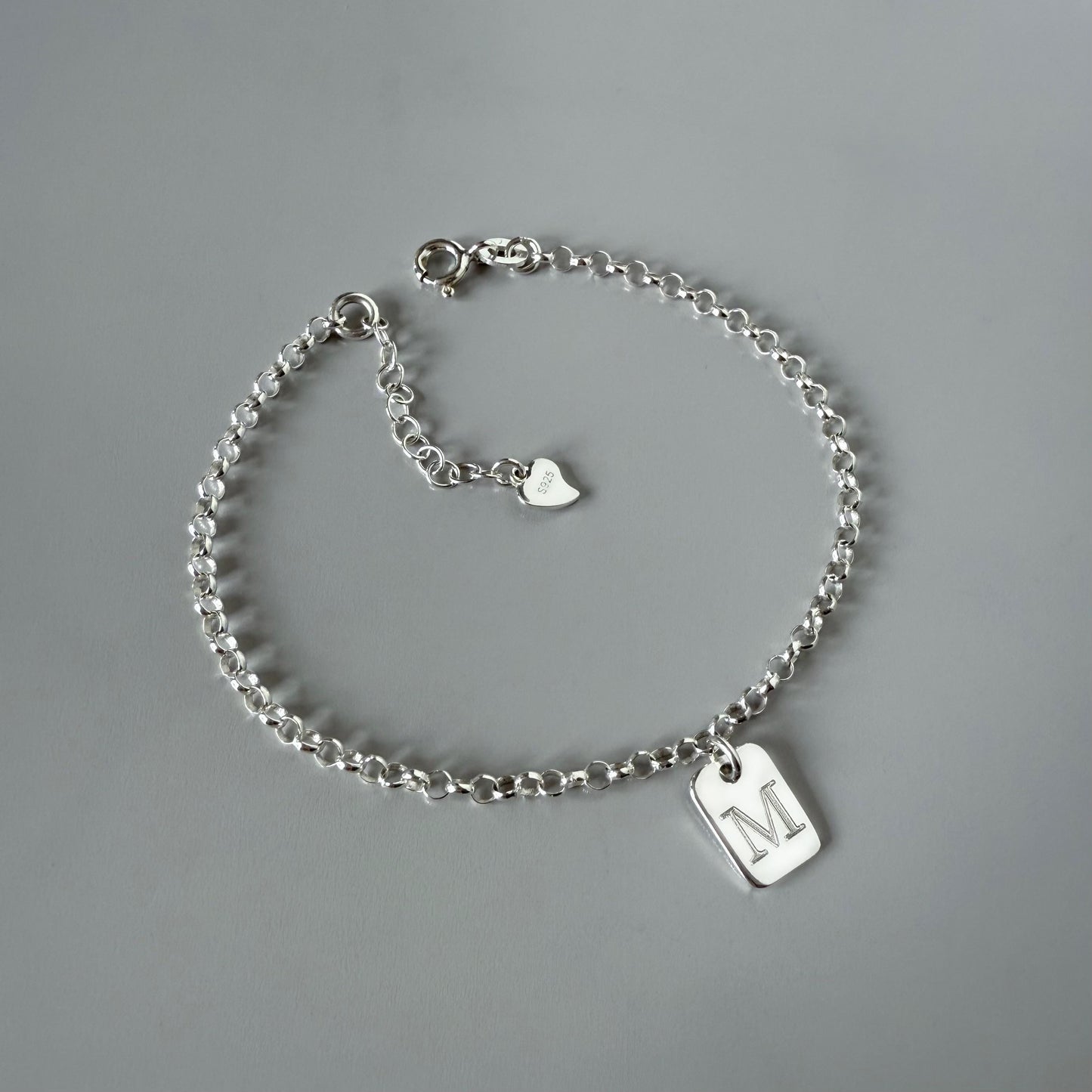 Personalized Sterling Silver Initial Bracelet: Engraved Tag Charm, Dainty Monogram