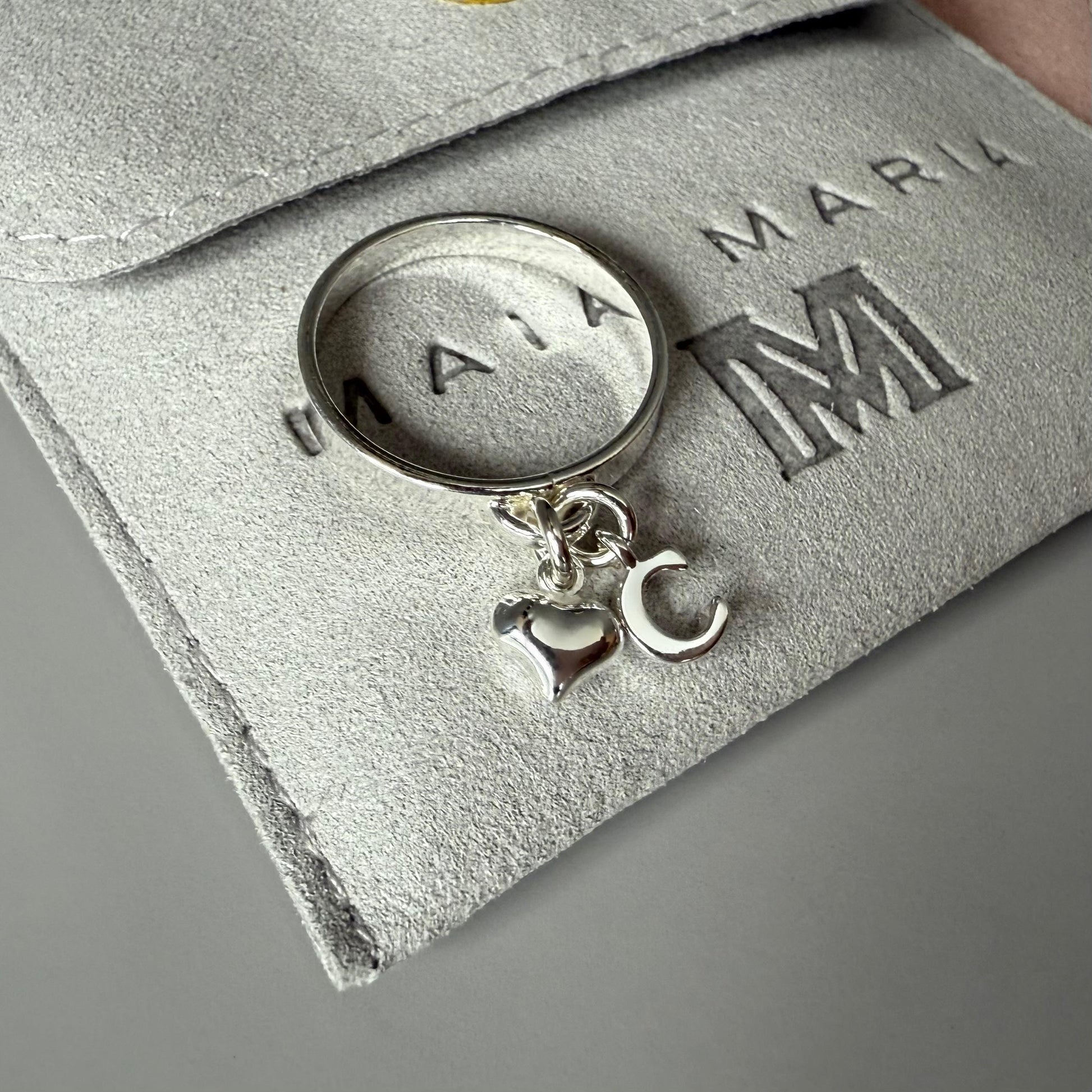 Sterling Silver Initial Ring with Heart Charm: Personalized Dangle Ring