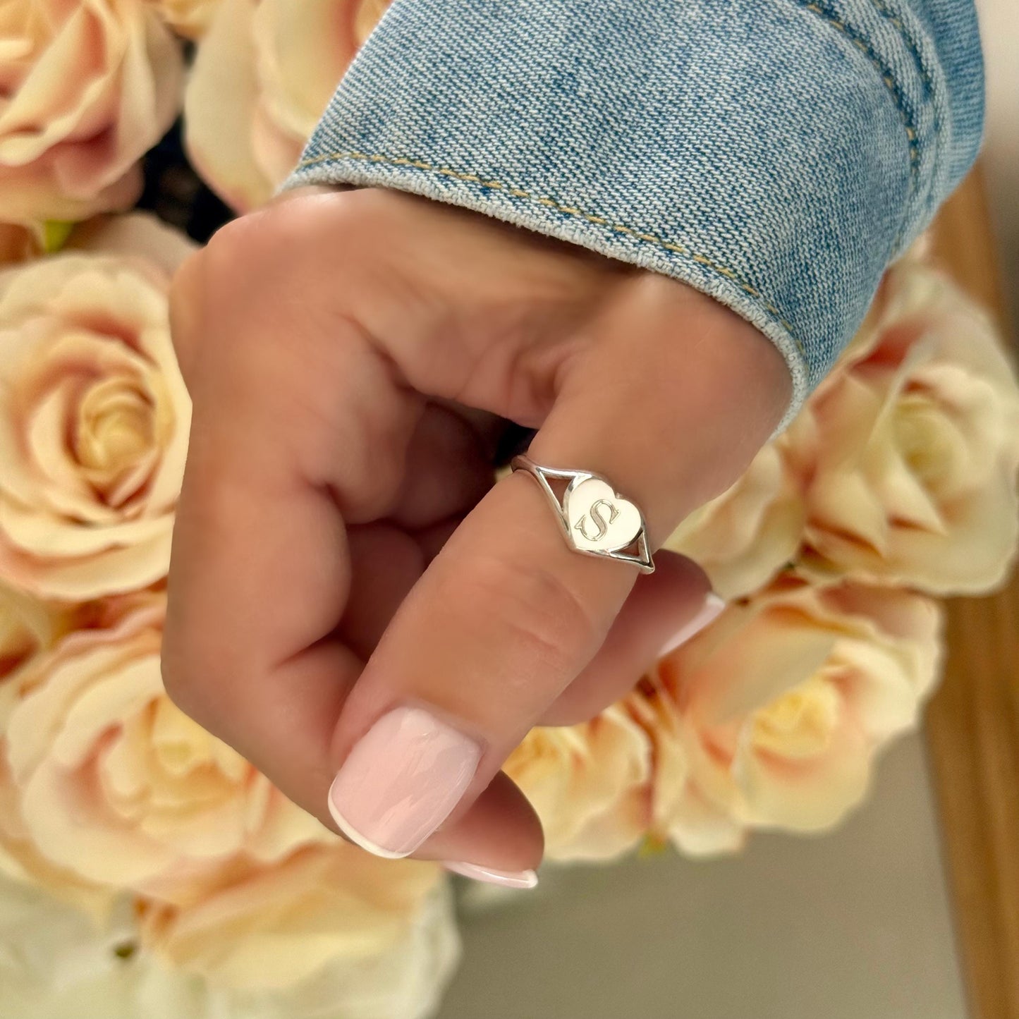Engraved Sterling Silver Heart Signet Ring: Adjustable Personalized Initial