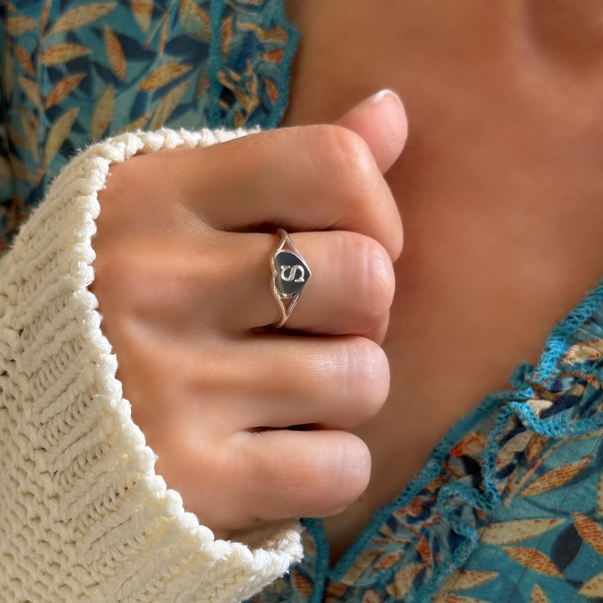 Engraved Sterling Silver Heart Signet Ring: Adjustable Personalized Initial