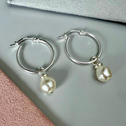 Sterling Silver Pearl Hoop Earrings: Dangle Bridal Jewelry