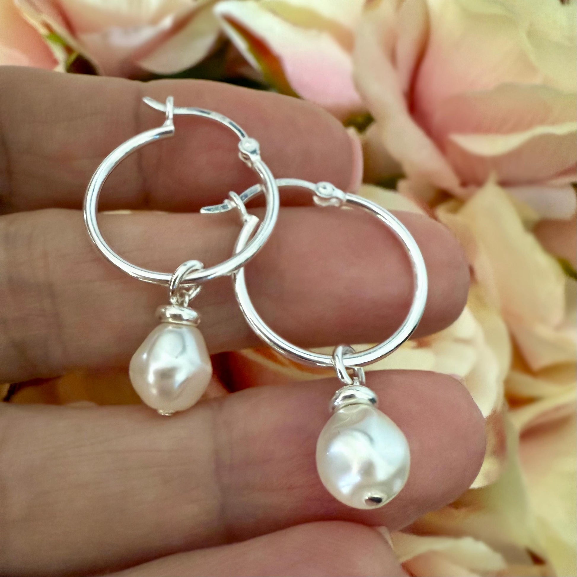 Sterling Silver Pearl Hoop Earrings: Dangle Bridal Jewelry