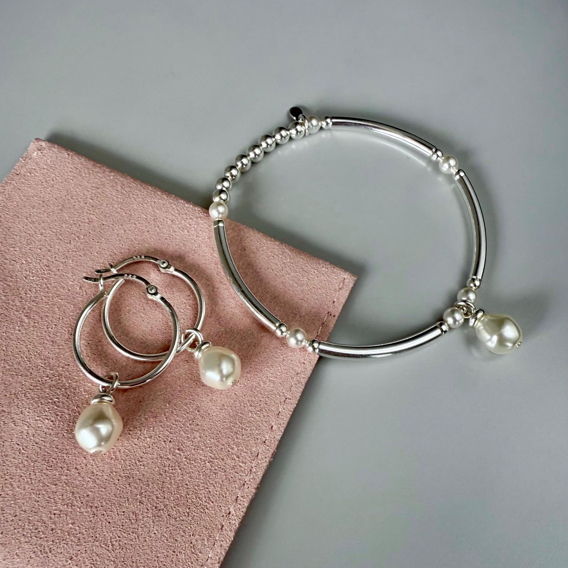 Sterling Silver Pearl Hoop Earrings: Dangle Bridal Jewelry