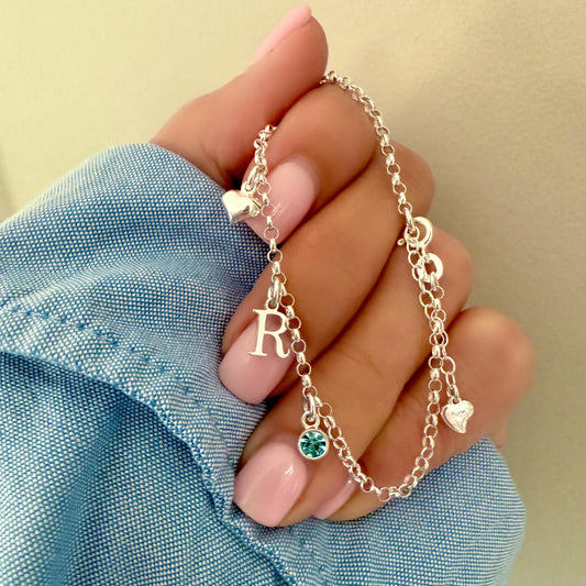 Personalized Sterling Silver Initial & Birthstone Bracelet - Heart Charm