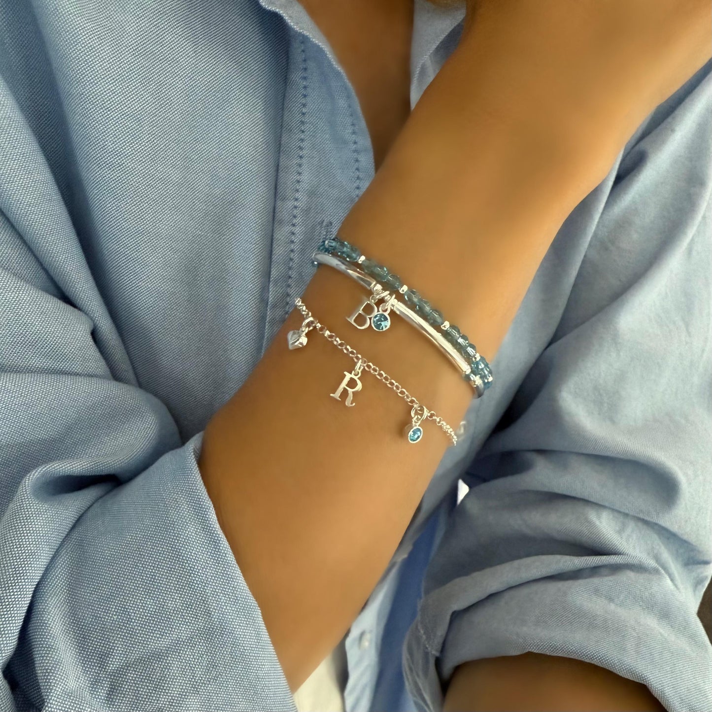 Personalized Sterling Silver Initial & Birthstone Bracelet - Heart Charm
