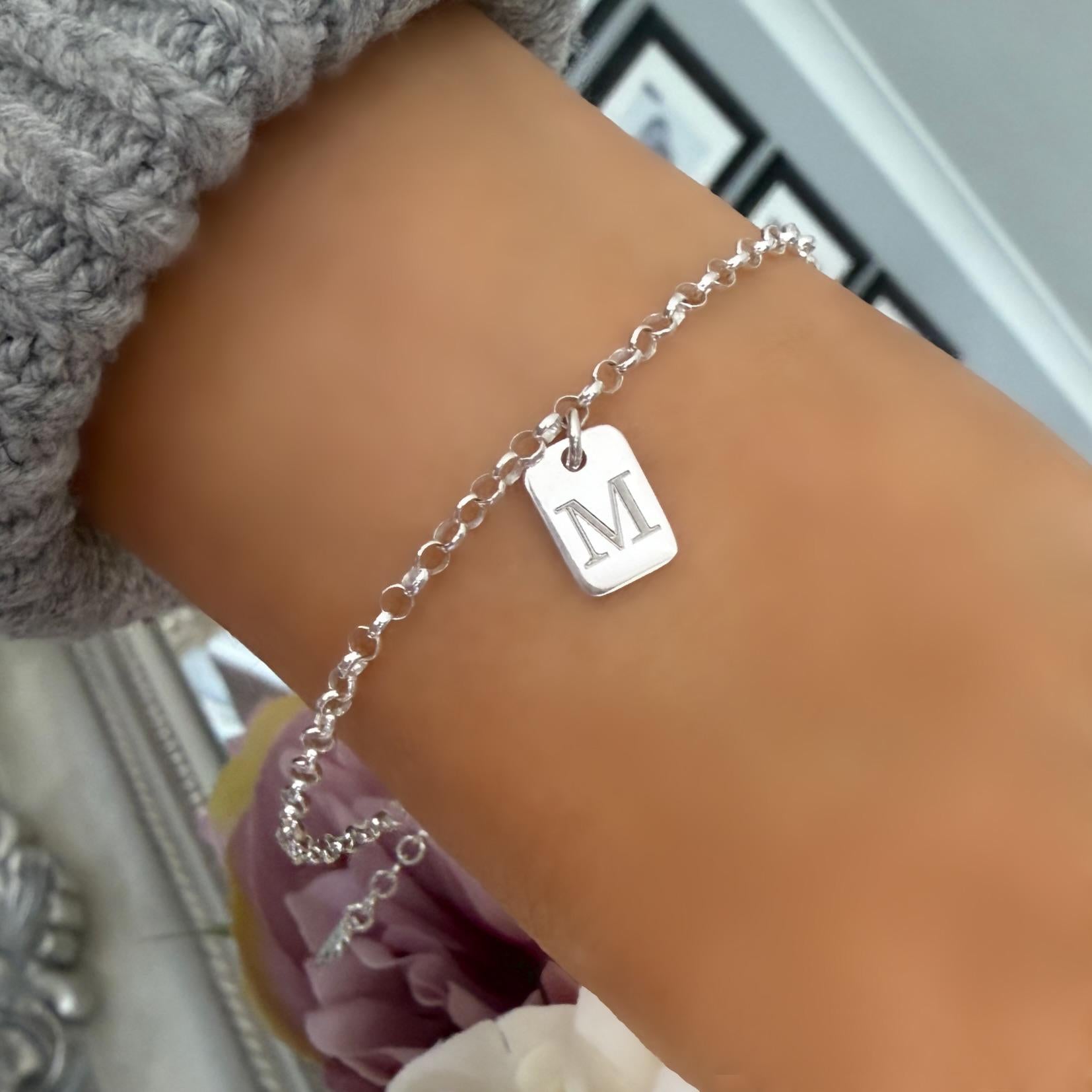 Personalized Sterling Silver Initial Bracelet: Engraved Tag Charm, Dainty Monogram