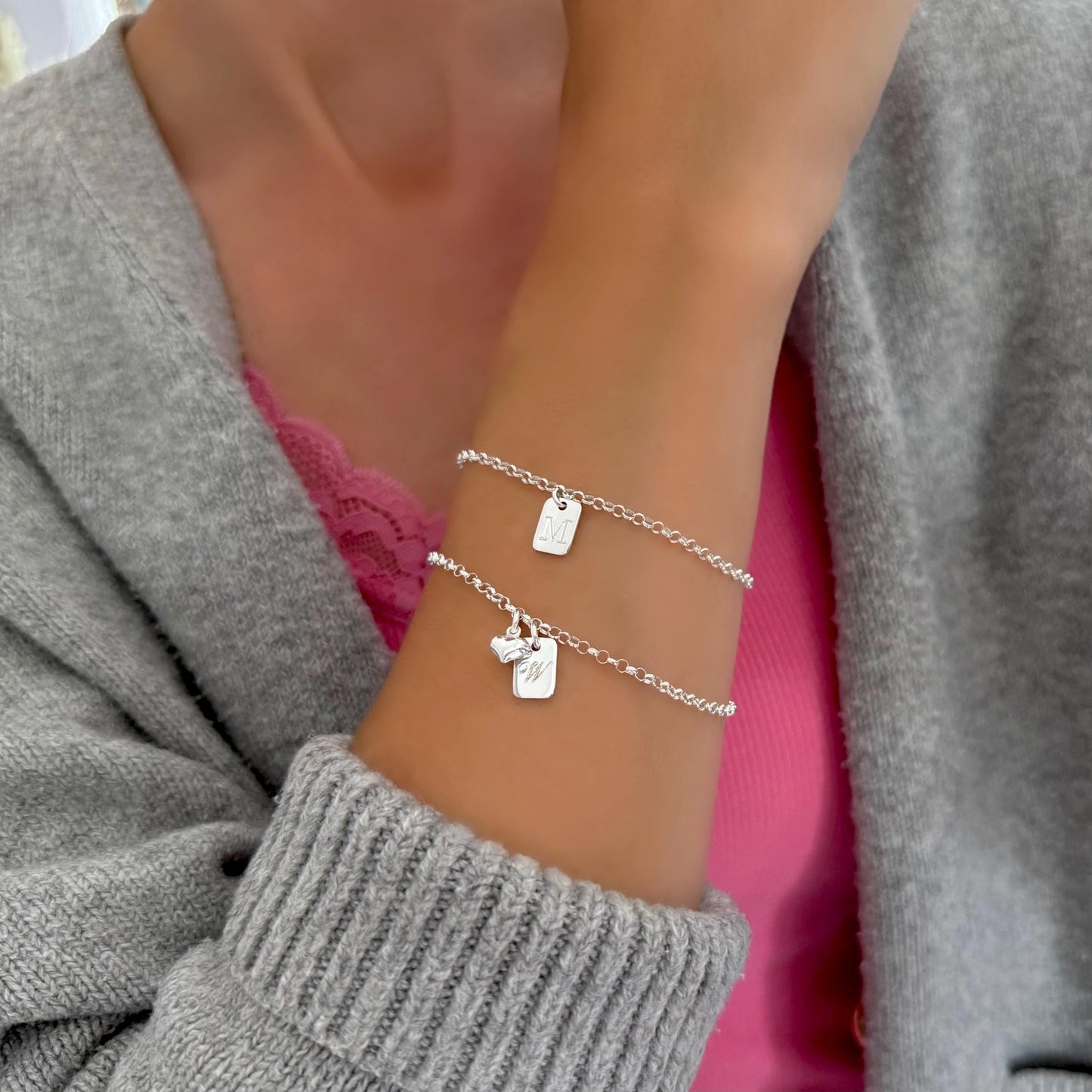 Personalized Sterling Silver Initial Bracelet: Engraved Tag Charm, Dainty Monogram