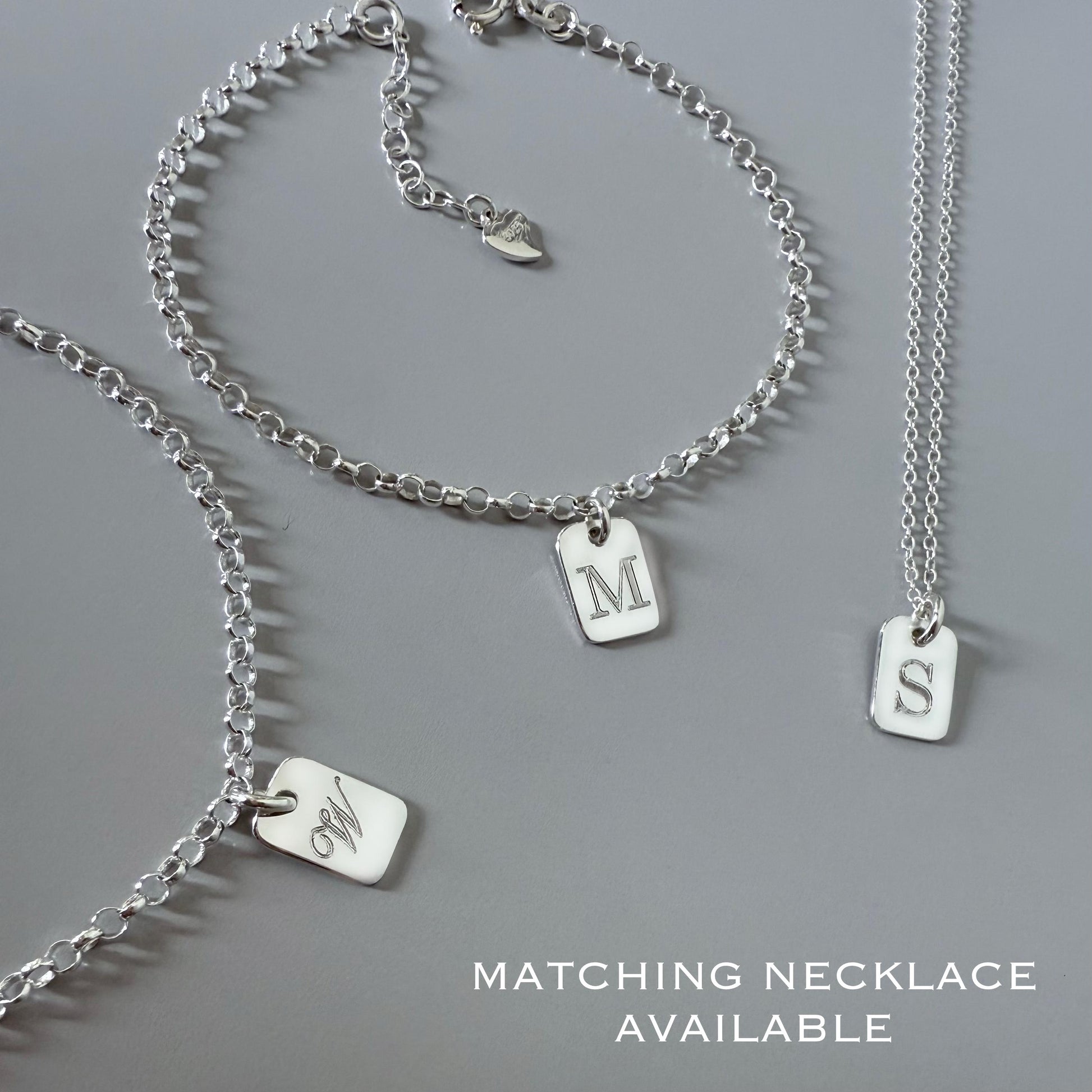 Personalized Sterling Silver Initial Bracelet: Engraved Tag Charm, Dainty Monogram