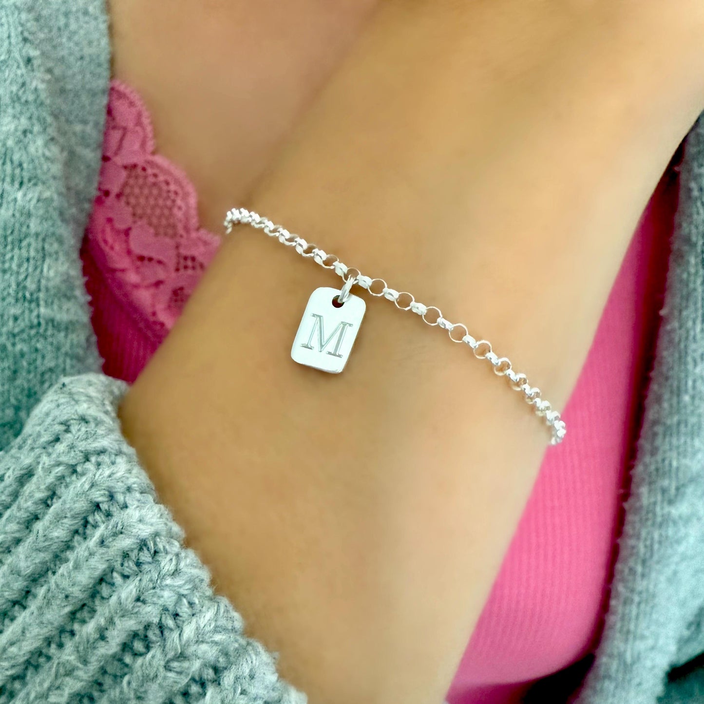 Personalized Sterling Silver Initial Bracelet: Engraved Tag Charm, Dainty Monogram
