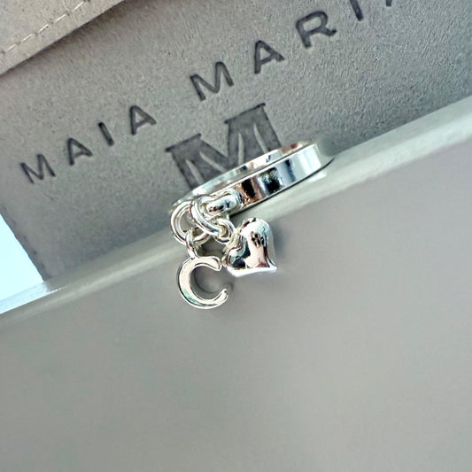 Sterling Silver Initial Ring with Heart Charm: Personalized Dangle Ring