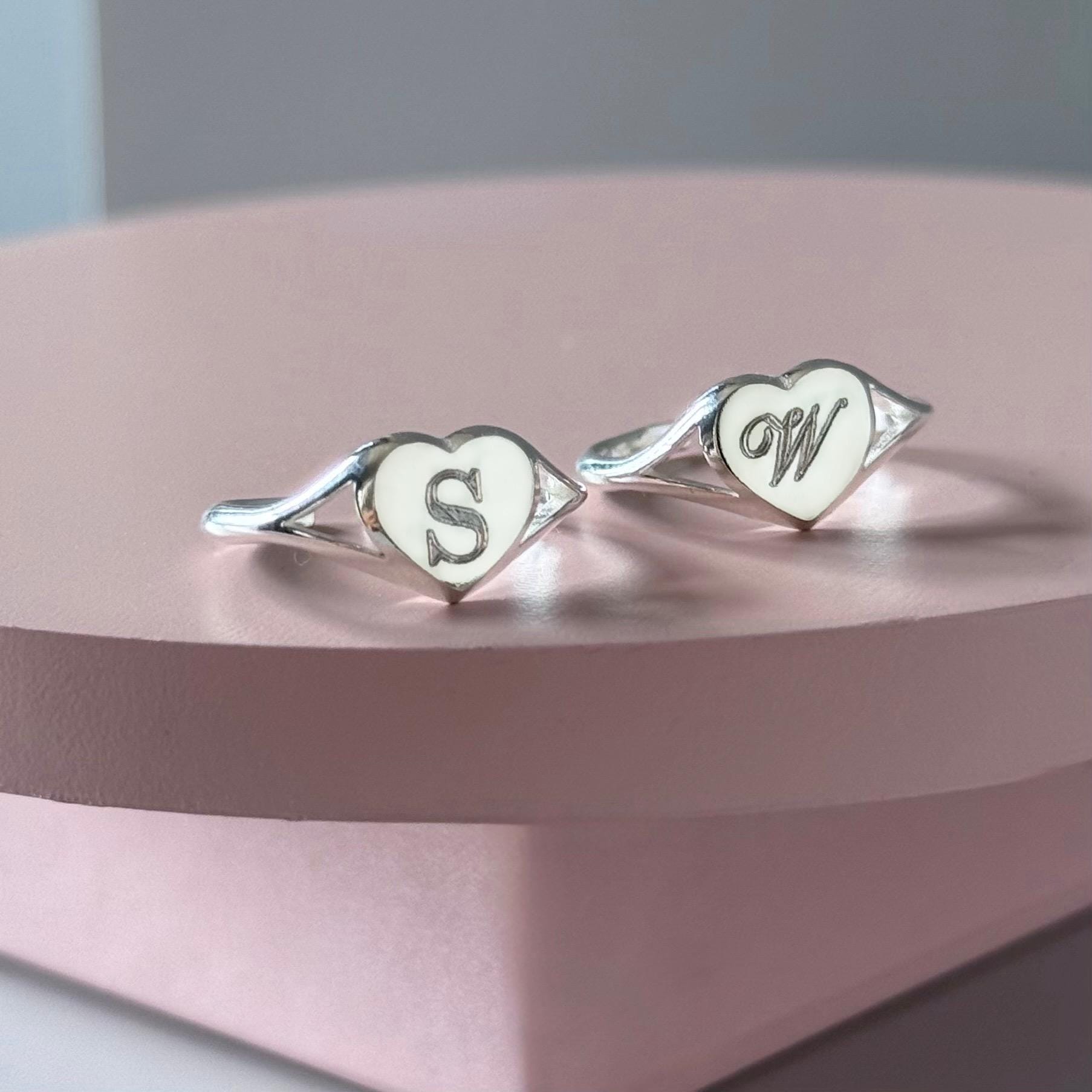 Engraved Sterling Silver Heart Signet Ring: Adjustable Personalized Initial