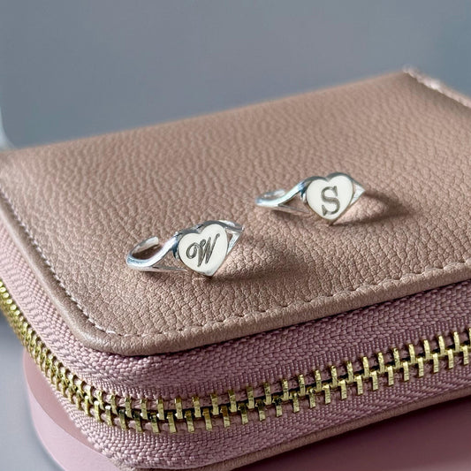 Engraved Sterling Silver Heart Signet Ring: Adjustable Personalized Initial