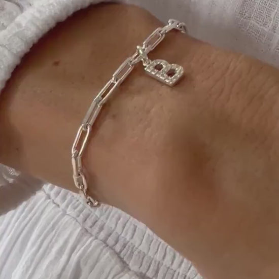 custom initial bracelet, sterling silver, personalised jewellery, letter charm bracelet, paperclip chain, LOTTI Crystal -SB33