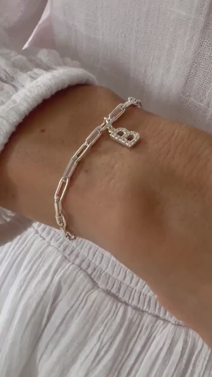 custom initial bracelet, sterling silver, personalised jewellery, letter charm bracelet, paperclip chain, LOTTI Crystal -SB33