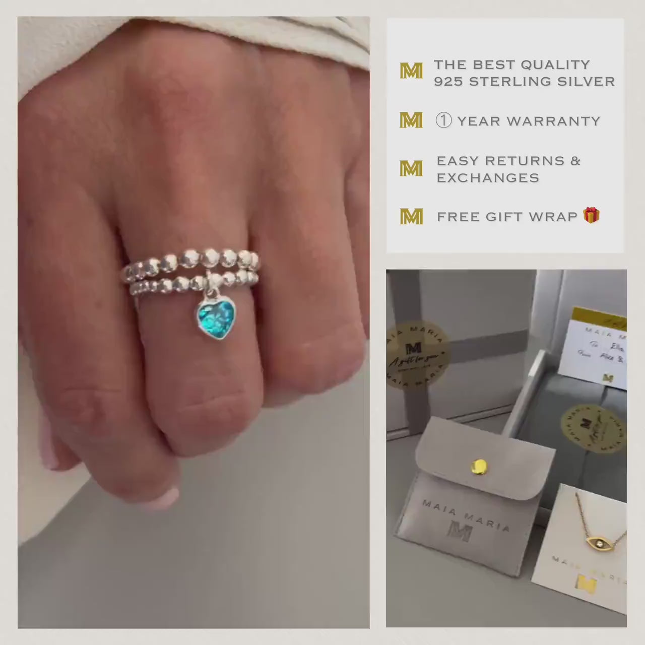 birthstone charm sterling silver ring stack, personalized rings, handmade jewellery, birthday gifts, Heart charm SR2502