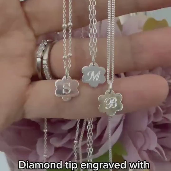 dainty initial necklace, sterling silver, engraved disc initial, personalised birthday gift, custom letter, unique, Daisy Mini SNE07