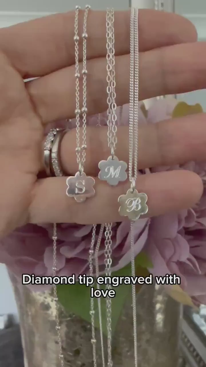 dainty initial necklace, sterling silver, engraved disc initial, personalised birthday gift, custom letter, unique, Daisy Mini SNE07