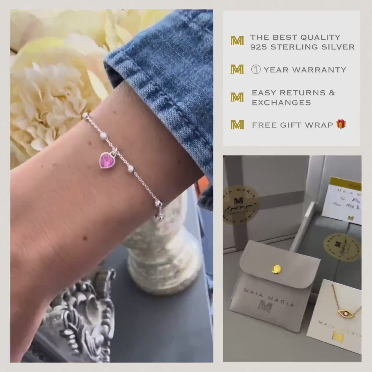 dainty birthstone heart charm bracelet, sterling silver, satellite chain, personalised gifts, everyday bracelet, gifts for her, SBM23A