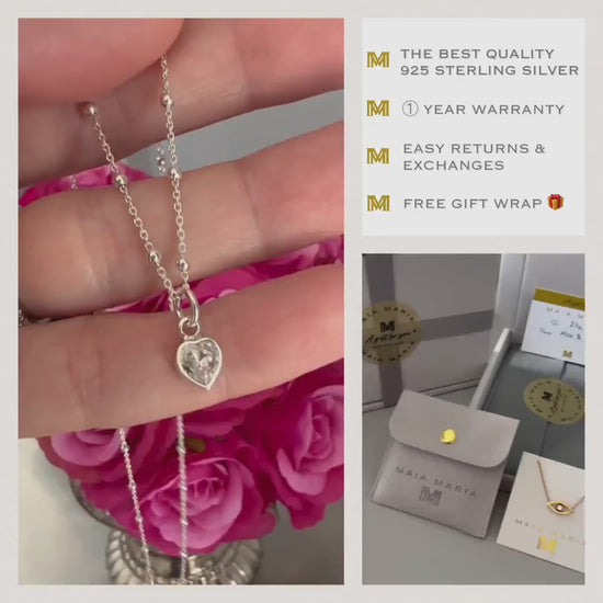 heart charm necklace, sterling silver, gift for mum, handmade, bridesmaids gift, birthday gifts, minimalist necklace, CRYSTAL heart-SNM02