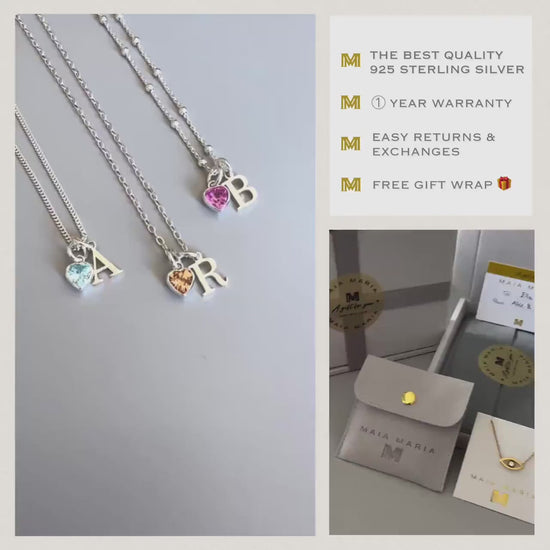 initial and birthstone personalised necklace, sterling silver, satellite chain, monogram necklace for 18th birthday, gifts for new mum