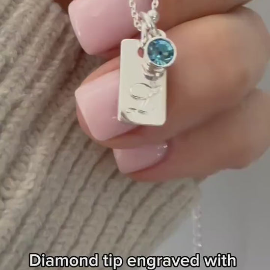 birthstone and initial necklace for her, sterling silver, engraved tag initial, monogram necklace for birthday gift, gift for mum, SNE06