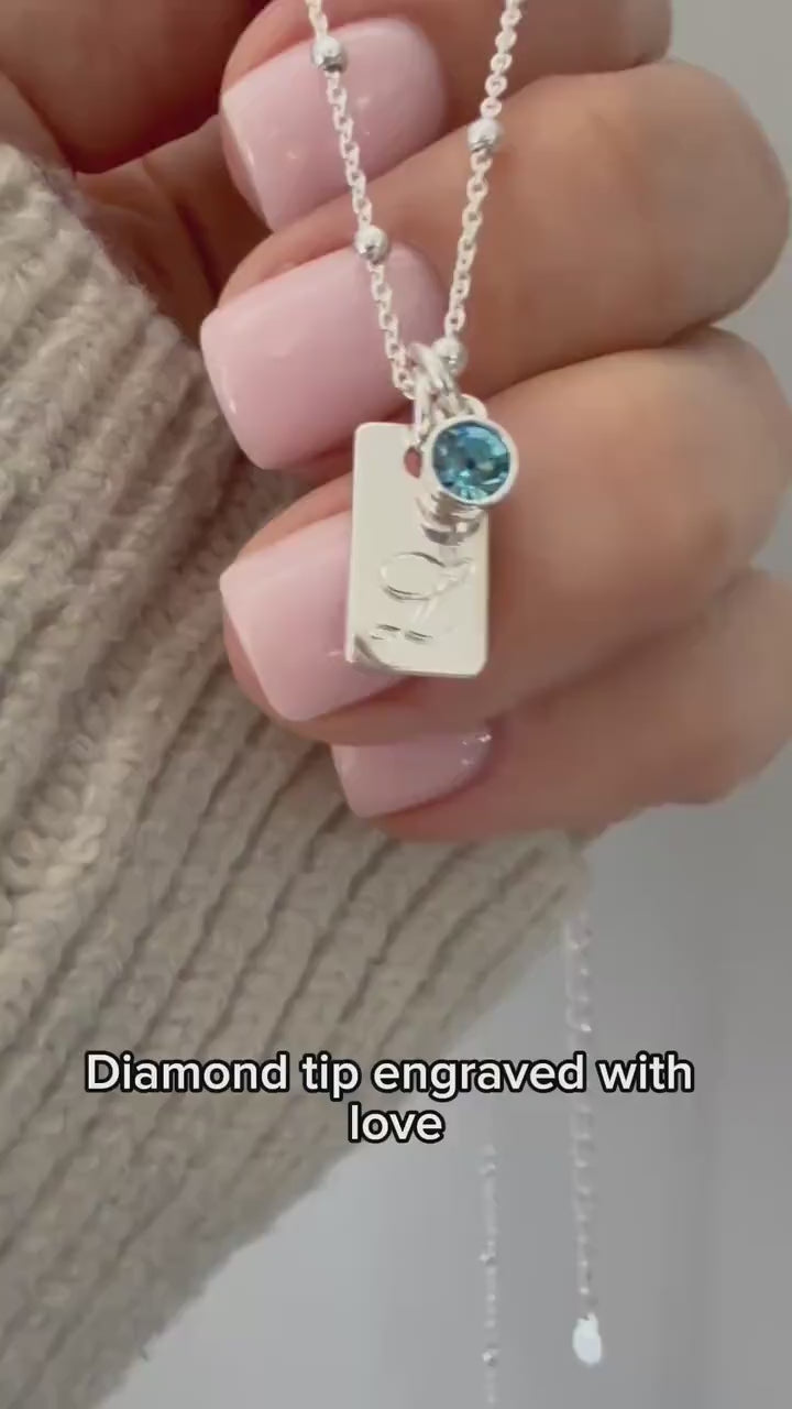 birthstone and initial necklace for her, sterling silver, engraved tag initial, monogram necklace for birthday gift, gift for mum, SNE06
