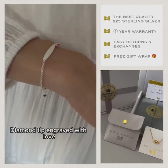 birthstone bracelet, name bar bracelet, sterling silver, engraved name plate, personalised gifts, birthday gift, gift for women, SBE12