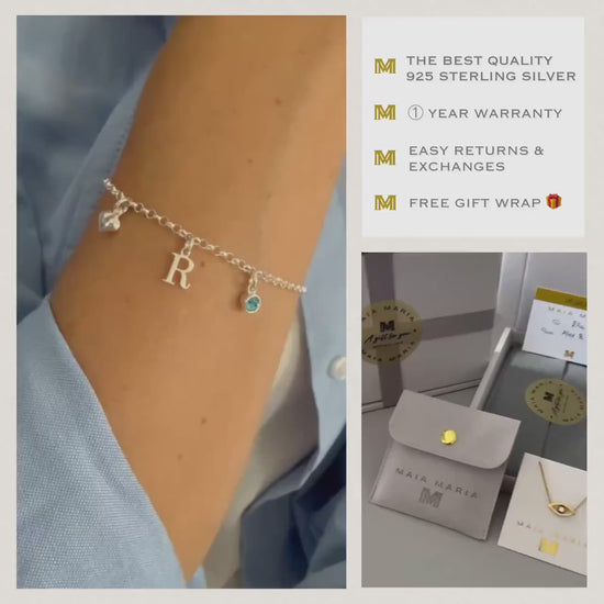 Personalized Sterling Silver Initial & Birthstone Bracelet - Heart Charm