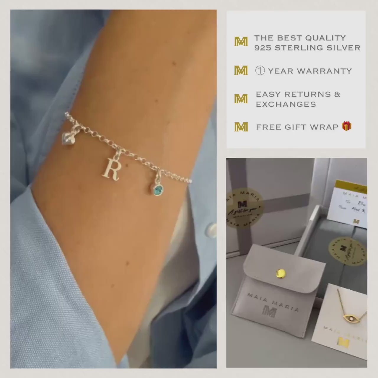 Personalized Sterling Silver Initial & Birthstone Bracelet - Heart Charm